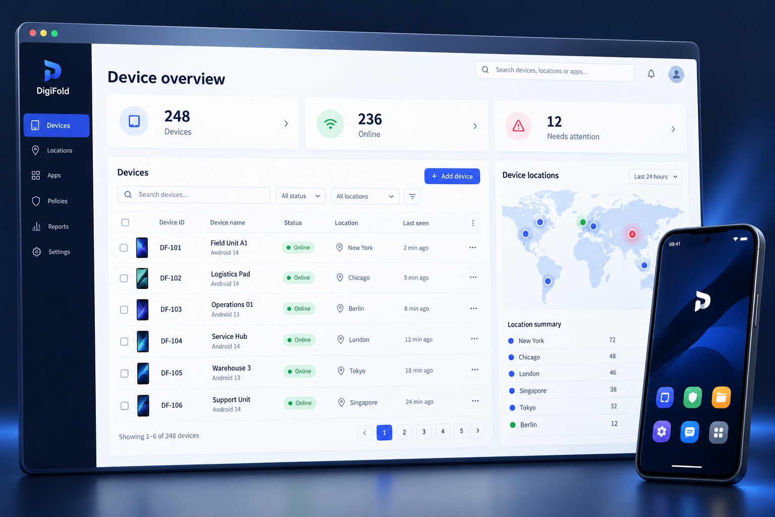 Illustrative DigiFold MDM dashboard and Android work home screen